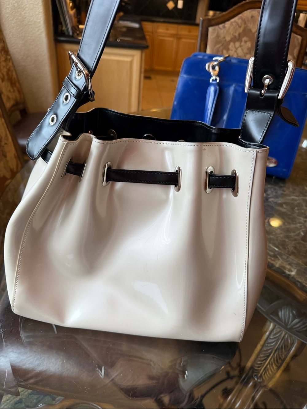 Beijo White Patent Leather Tote Bag with Silver Hardware new without tags